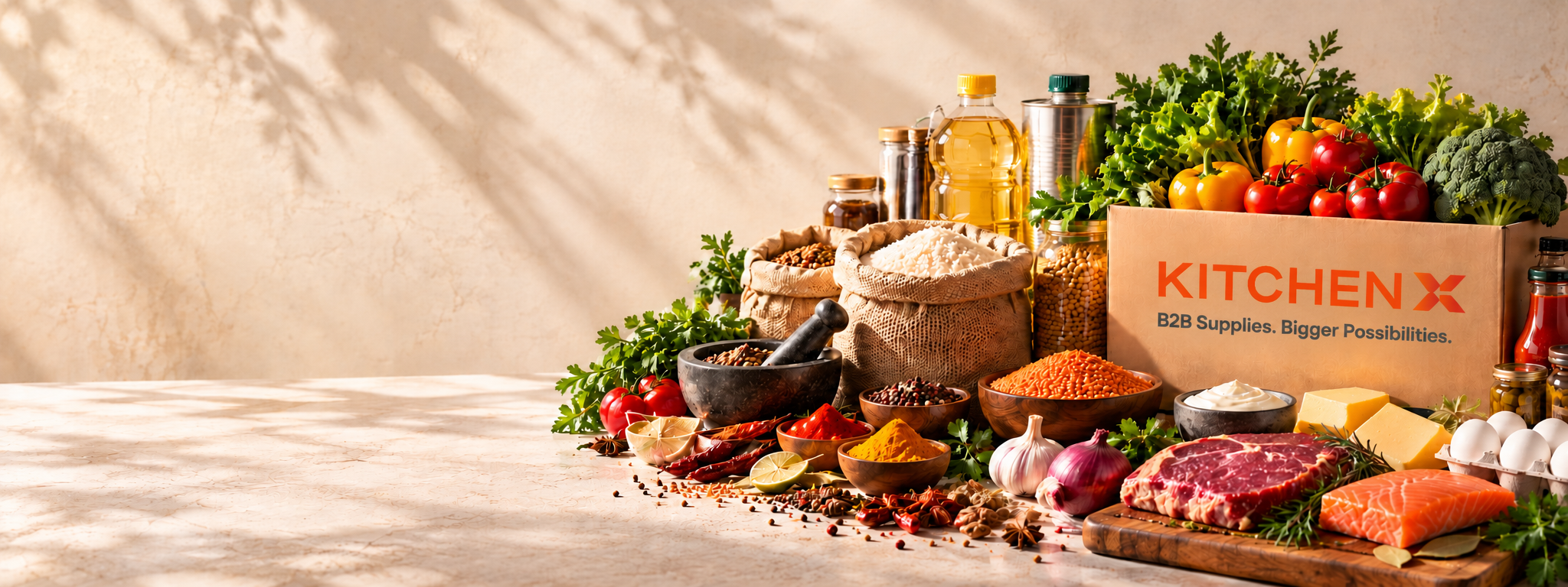 KitchenX crate with fresh produce, spices, dairy and meat