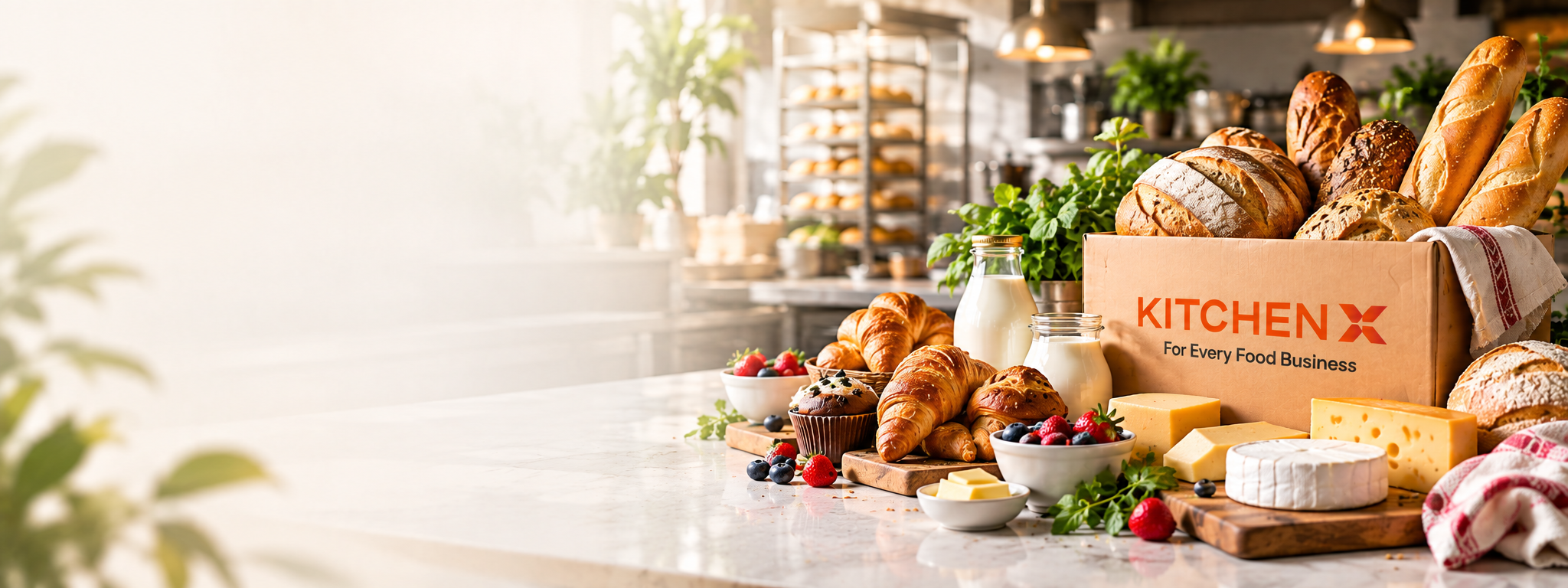 KitchenX crate with fresh bread, pastries, dairy and cheese
