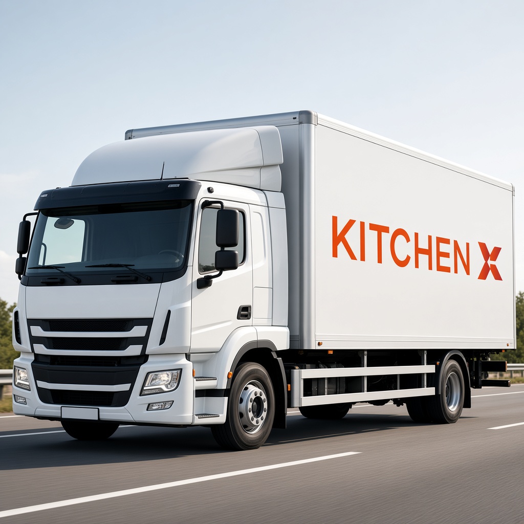 A white KitchenX delivery truck