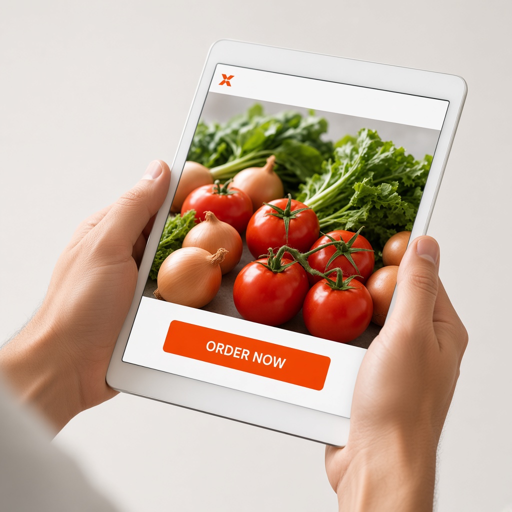 Hands holding a tablet showing fresh produce