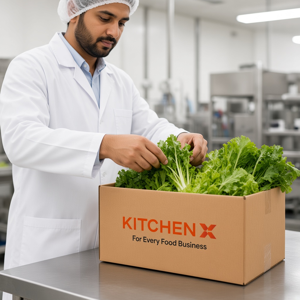A packer placing greens into a KitchenX box